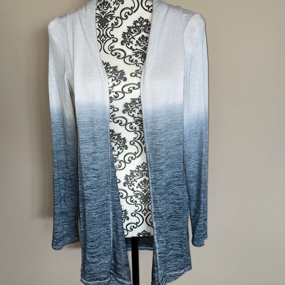 White balayage into blue cardi